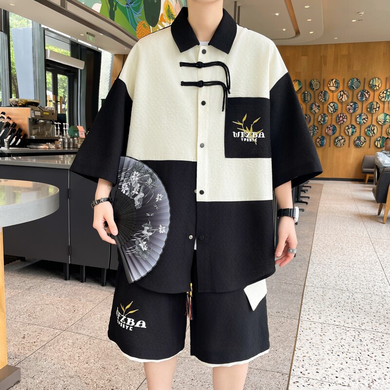 84322-特P60风休闲套装男夏季薄款拼色短袖衬衫运动短裤一套,男装休闲套装,电商D310B