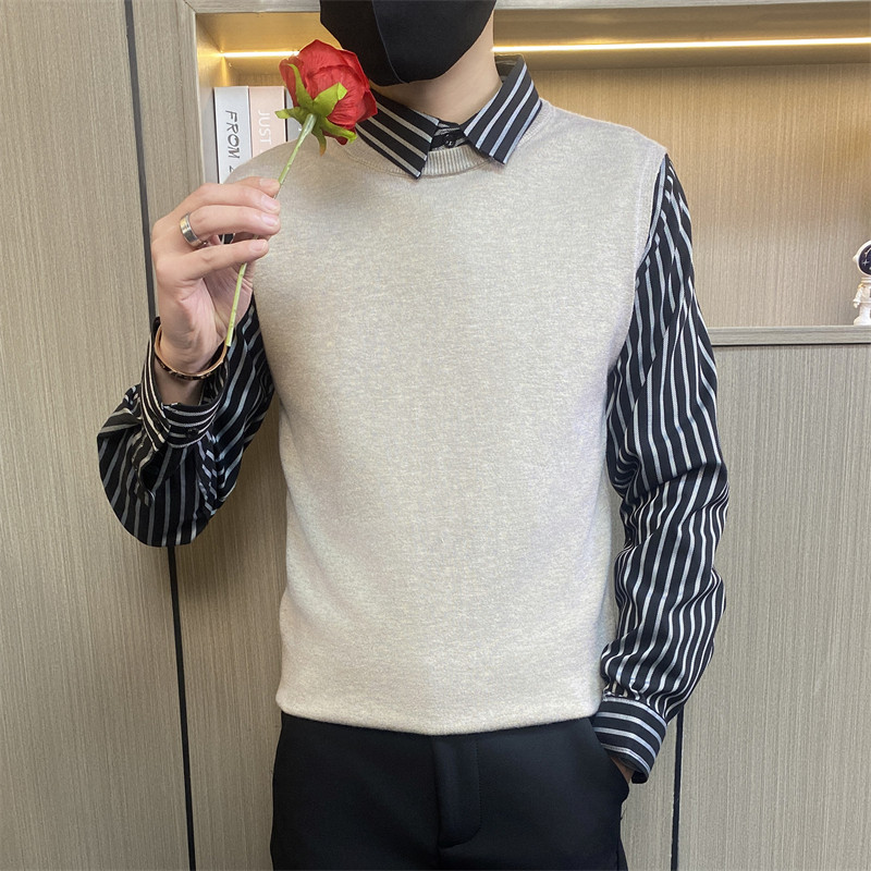 C3160-P68控88社会小伙衬衫领假两件毛衣男男士修身打底针织衫图片