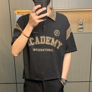PL068-P40美式翻领POLO衫短袖男青少年夏季学院风上衣休闲宽松t恤图片
