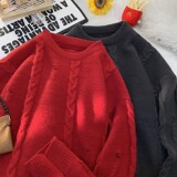84621-特P48破洞麻花潮牌毛衣男秋冬款美式高街慵懒宽松休闲外套，男装针织衫/毛衣，电商D310B