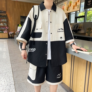 84313-特P55工装衬衫男套装夏季潮凉感短袖短裤一套搭配帅气休闲