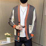 78978-P65社会小伙男士针织开衫春秋款时尚潮流拼色V领毛衣外套，男装针织衫/毛衣，电商D310B