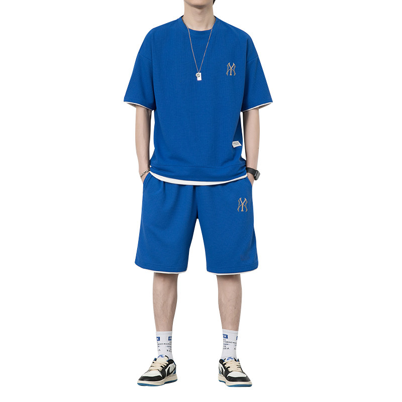 7538-P55华夫格短袖t恤男士运动套装夏季宽松休闲短裤男款一套潮,男装T恤,电商D310B