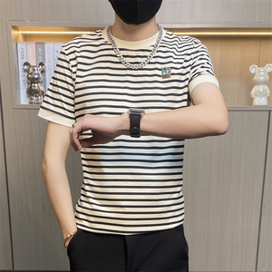 TX158-P35夏季男圆领短袖社会小伙潮流紧身体桖精神修身条纹t恤图片