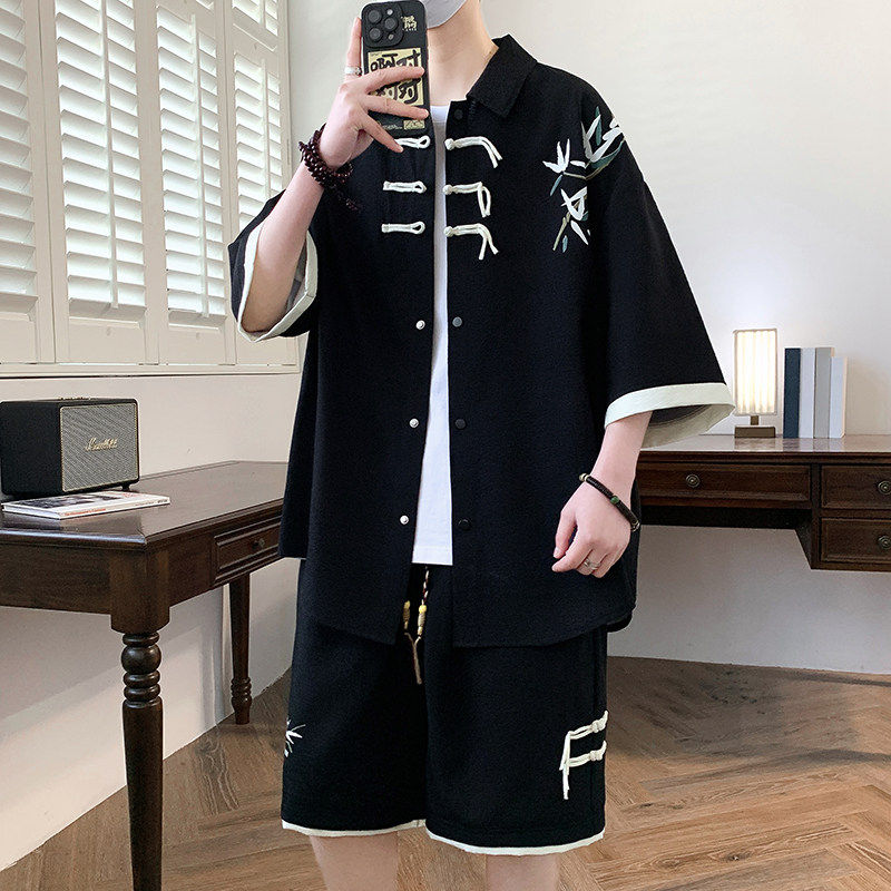 tz24323-特P60新中式风短袖短裤套装男夏季潮牌休闲衬衫男穿搭，男装衬衫，电商D310B