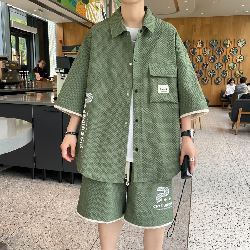 84318-特P55中式风短袖短裤套装休闲衬衫男穿一整套帅气,男装休闲套装,电商D310B