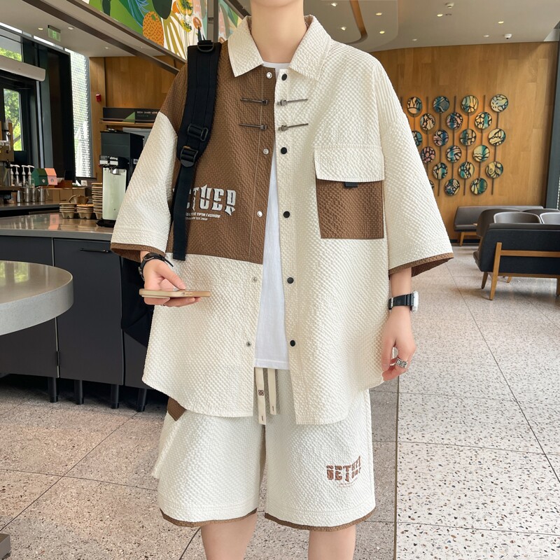 84315-特P55薄款套装男潮流痞帅休闲拼色短袖衬衫短裤两件套男装,男装休闲套装,电商D310B