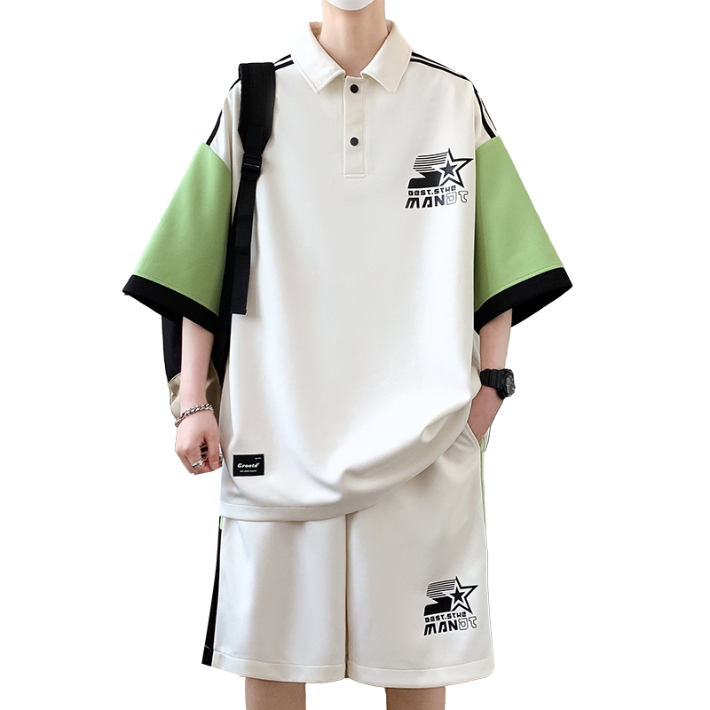 84362-特P55套装男夏季翻领宽松Polo五分裤两件套青少年一套搭配,男装休闲套装,电商D310B