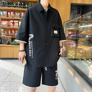 84318-特P55中式风短袖短裤套装休闲衬衫男穿一整套帅气,张含韵穿搭黑色袜图片
