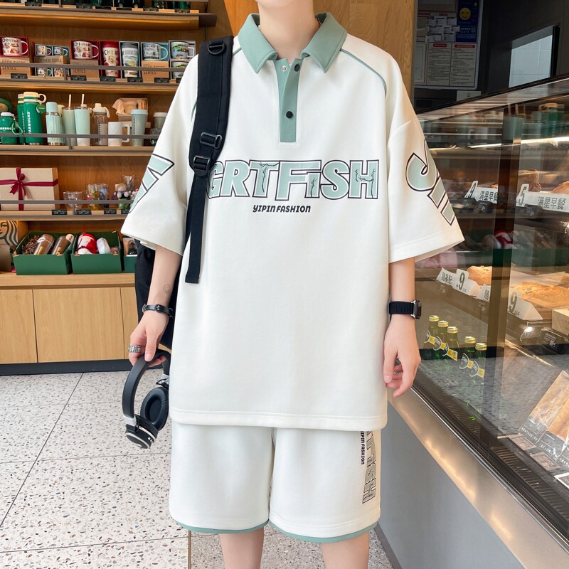 TZ24363-特P55港风宽松翻领短袖短裤两件套夏季潮牌短袖T恤男短裤，男装休闲套装，电商D310B