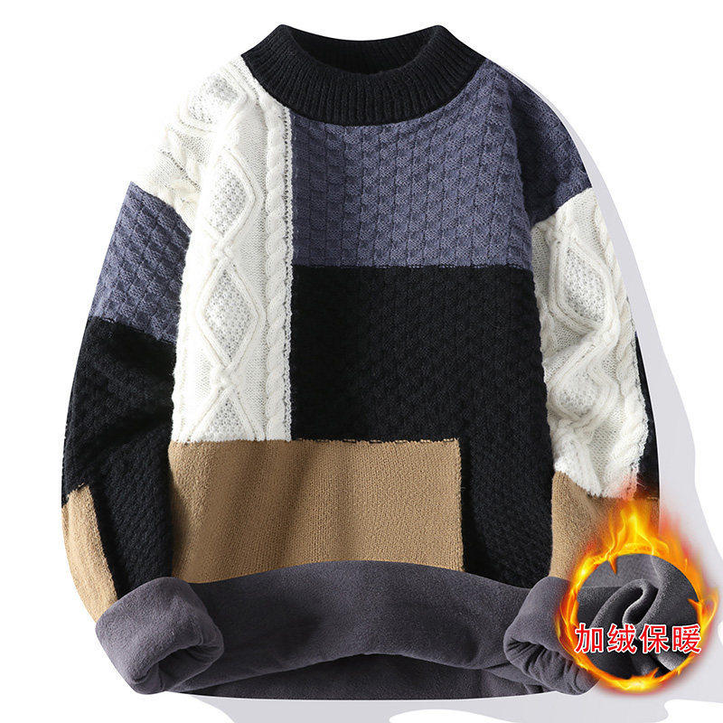 76958加绒-P60毛衣男针织衫秋冬季加绒加厚新款撞色保暖衣服内搭,男装针织衫/毛衣,电商D310B