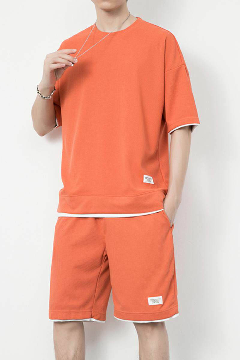 7536-P55夏季华夫格短袖T恤套装男士休闲运动跑步套装,男装T恤,电商D310（原电商305）