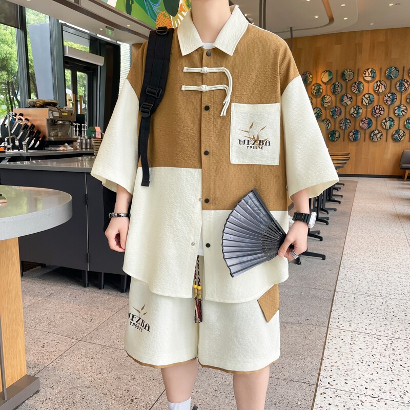 84322-特P60风休闲套装男夏季薄款拼色短袖衬衫运动短裤一套,男装休闲套装,电商D310B