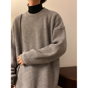 M869-特P50港风纯色光板圆领毛衣男秋冬季加肥加大码潮胖人宽松图片