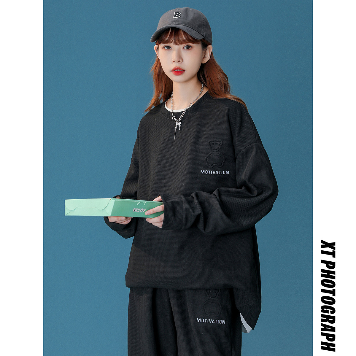 TZ14-P70华夫格休闲套装男女新款韩版宽松港风圆领卫衣卫裤两件套，男装卫衣，电商D310B