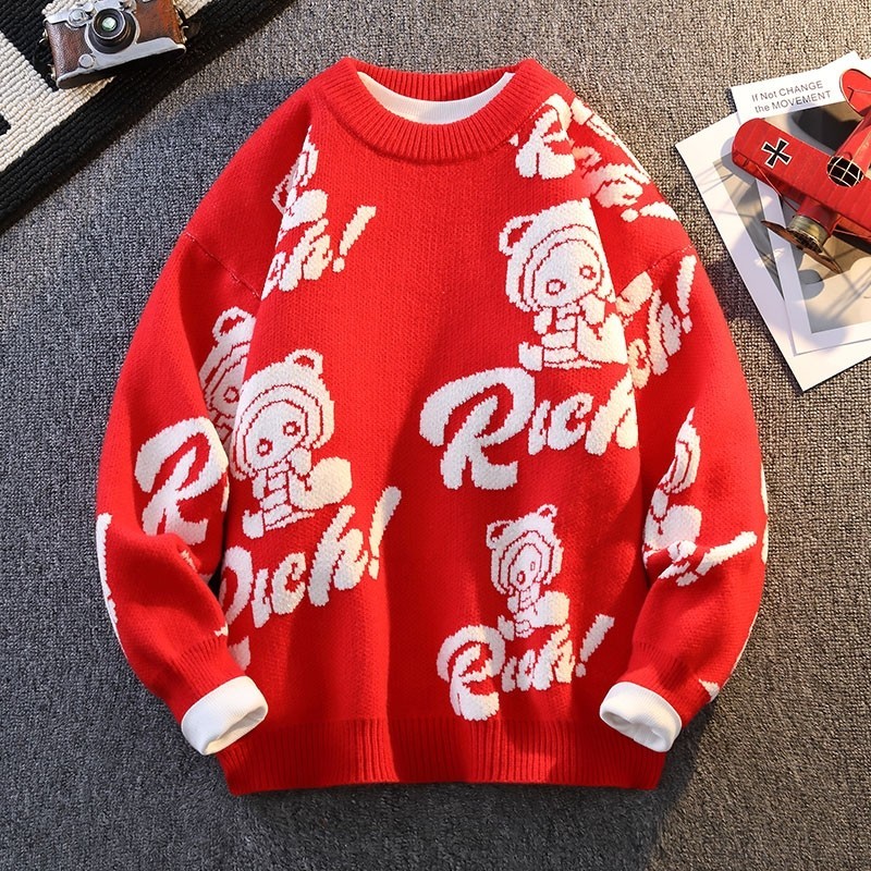 84556-P55红色毛衣男生秋冬季少年感卡通线衣潮牌宽松大码针织衫图片