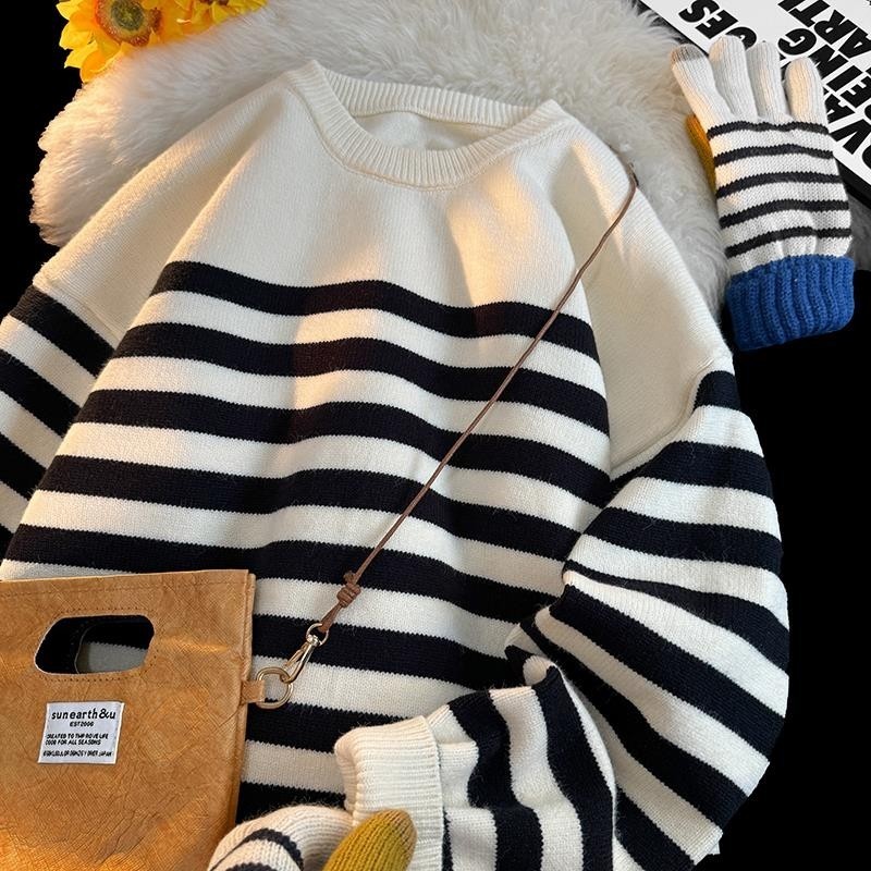 8301-特P55日系复古条纹毛衣男潮牌宽松慵懒风针织衫圆领打底衫,男装针织衫/毛衣,电商D310B
