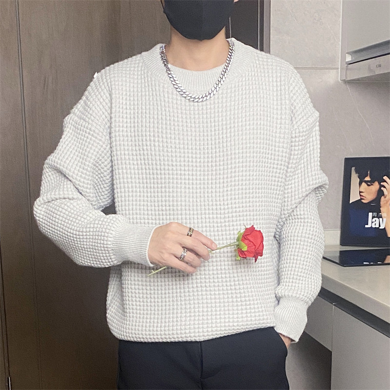二开M895-特P55重磅华夫格圆领毛衣男女纯色宽松加厚百搭针织衫,男装针织衫/毛衣,电商D310B