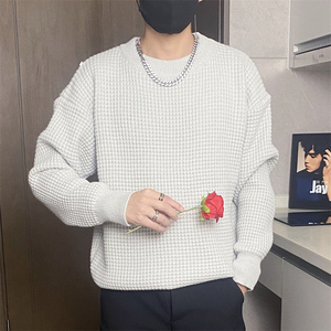 二开M895-特P55重磅华夫格圆领毛衣男女纯色宽松加厚百搭针织衫图片