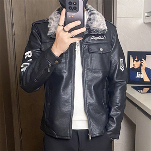 PY119-P180修身皮衣外套男新款男士皮衣外套飞行服夹克加绒保暖图片