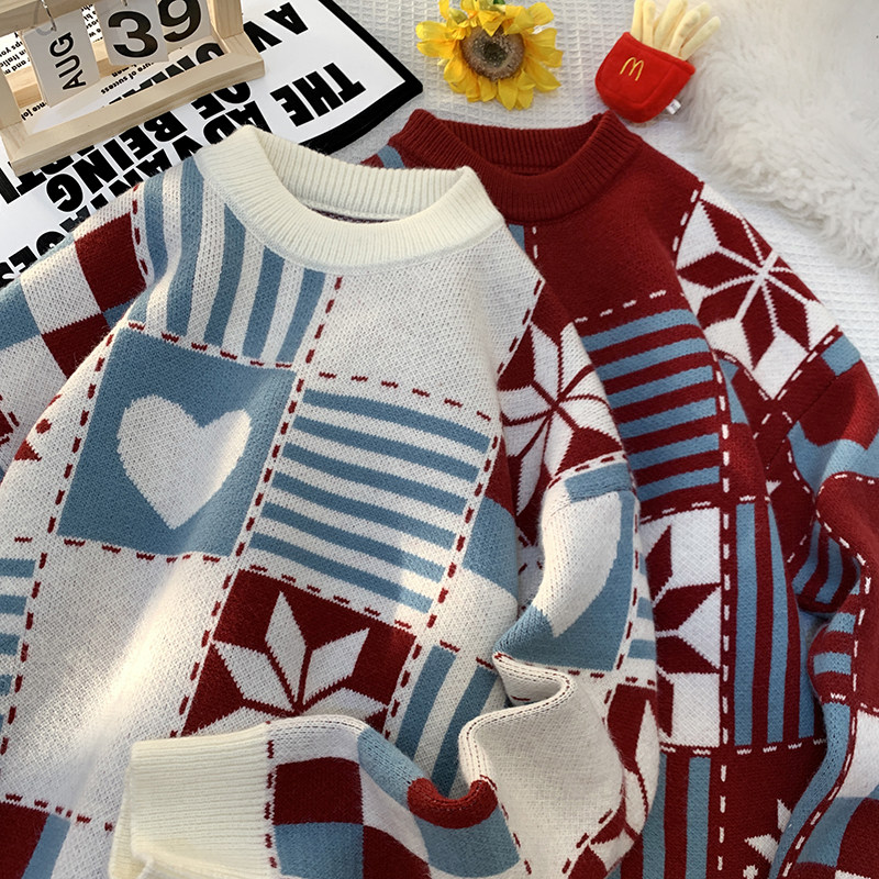 84629-特P58港风冬季圆领毛衣男宽松慵懒风潮加厚拼色潮牌针织衫，男装针织衫/毛衣，电商D310B