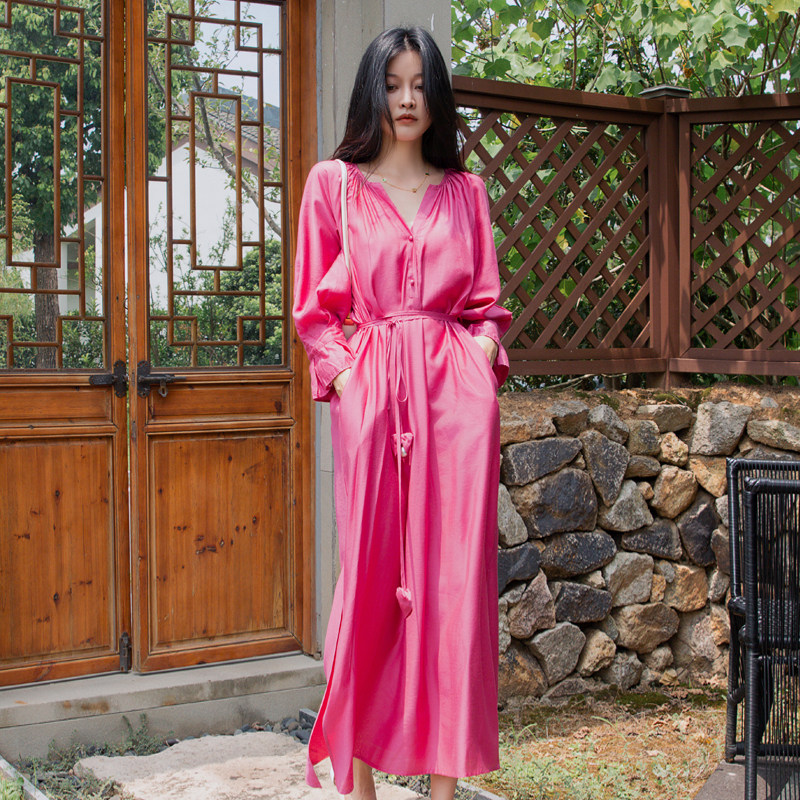 法式浪漫红色气质中长款连衣裙秋季新品温柔风系带长袖天丝棉长裙