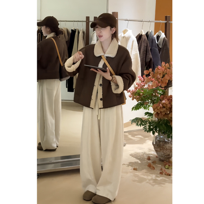 高级复古翻领毛领外套阔腿裤套装