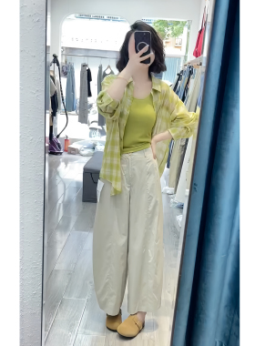 2026超火夏装一整套松弛感穿搭嫩绿色衬衫高腰九分阔腿裤套装女