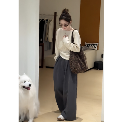 一字领气质上衣阔腿裤两件套女