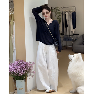 韩系松弛感减龄穿搭套装长袖气质T恤上衣高腰显瘦阔腿裤两件套女