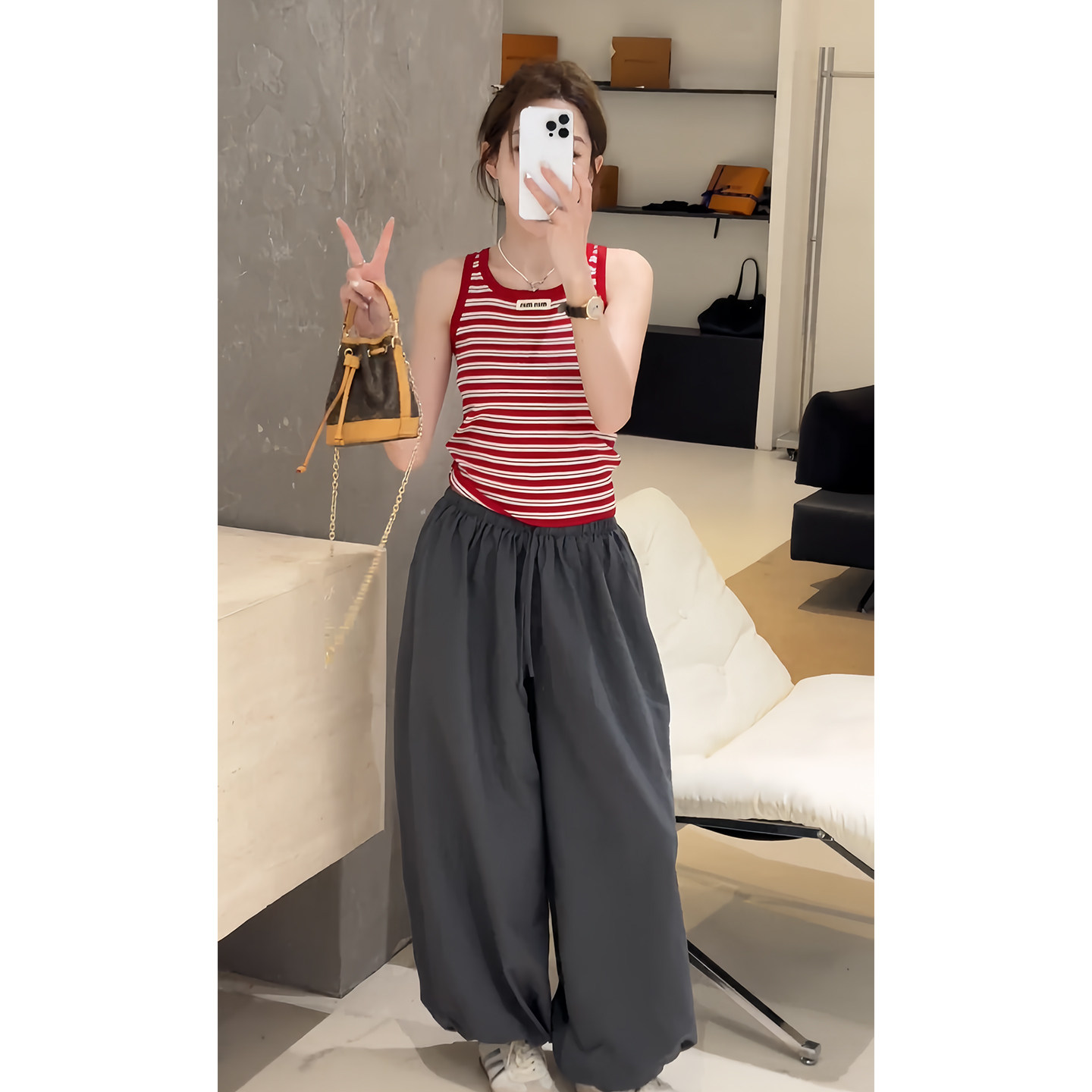 韩系一整套ootd穿搭复古条纹风吊带背心阔腿裤套装女夏显瘦两件套