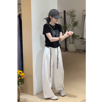 圆领短袖印花T恤阔腿裤两件套