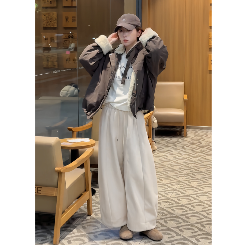 仿羊羔毛外套加厚夹克阔腿裤套装