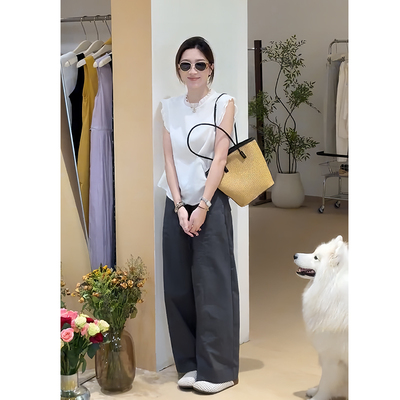 荷叶边无袖气质上衣阔腿裤两件套