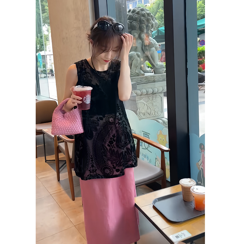 无袖背心植绒上衣半身裙两件套