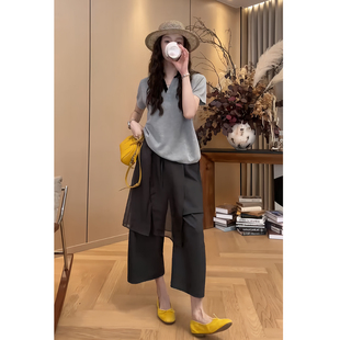 韩系穿搭一整套装V领针织上衣黑色假两件阔腿裤高腰显瘦两件套