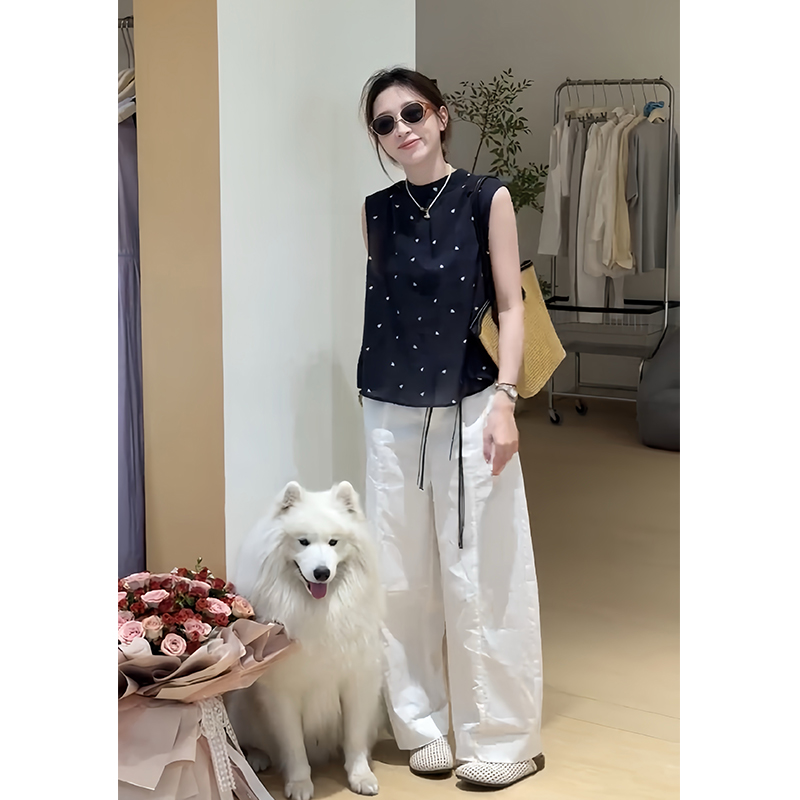 韩系穿搭一整套女夏设计感无袖衬衫波点上衣高腰显瘦阔腿裤两件套
