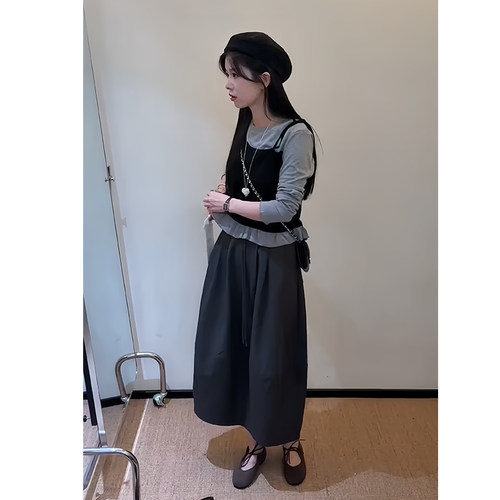 假两件长袖上衣百搭半身裙套装