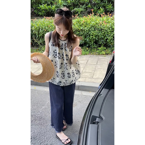 夏天印花衬衫花边阔腿裤两件套