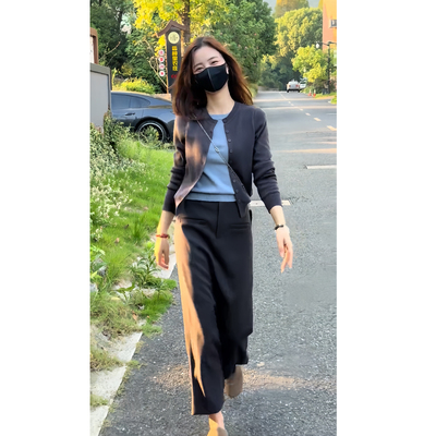 假两件针织开衫外套半身裙套装