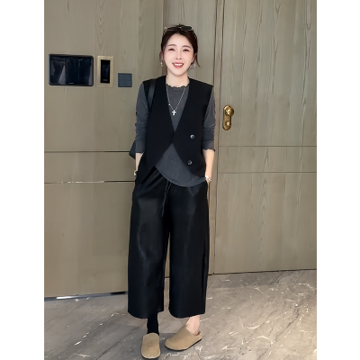 马甲叠穿打底衫百搭阔腿裤三件套
