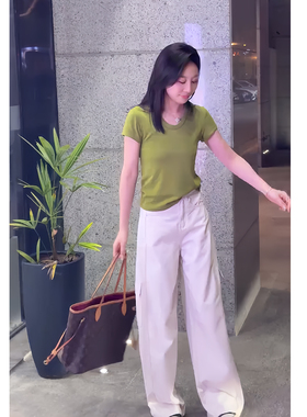 夏天穿搭一整套薄款绿色短袖休闲裤套装女小个子显瘦休闲两件套