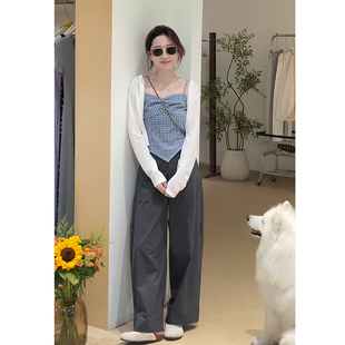 又酷又飒的穿搭套装绝美格子吊带内搭开衫外套高腰直筒休闲裤套装
