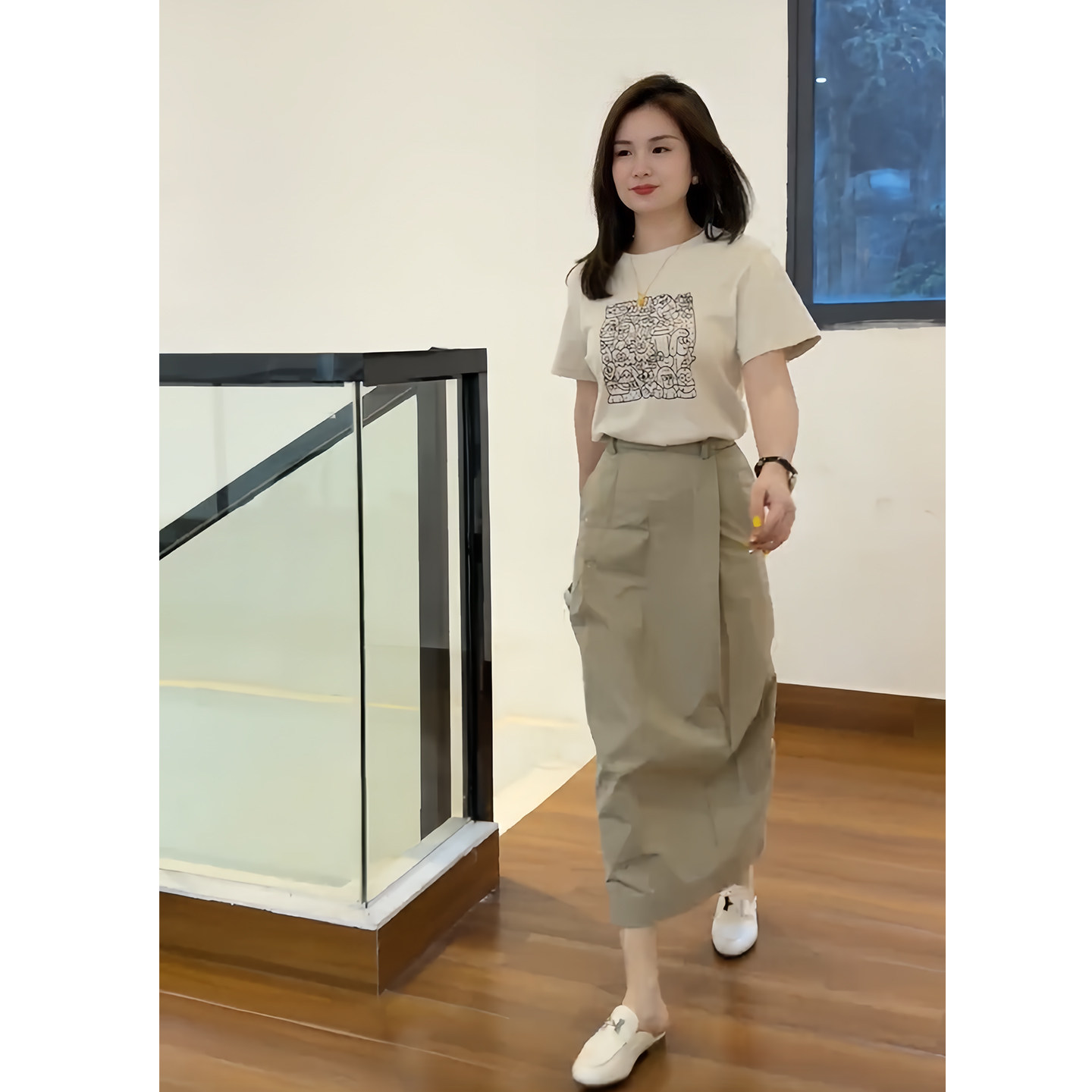 夏天穿搭一整套卡其色印花T恤半身裙套装韩系减龄百搭显瘦两件套