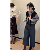 早春减龄一整套穿搭高级感气质格子衬衫 两件套 复古针织披肩阔腿裤