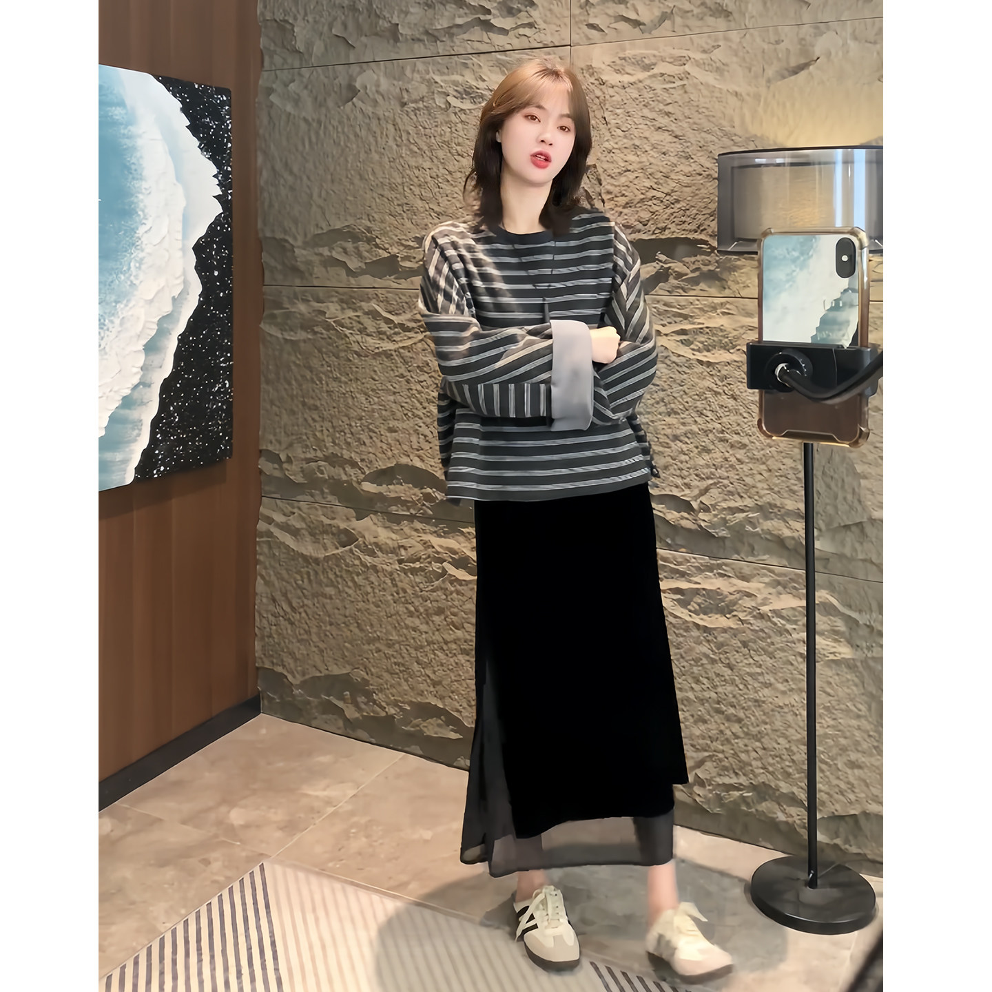 条纹卫衣宽松减龄休闲套装上衣