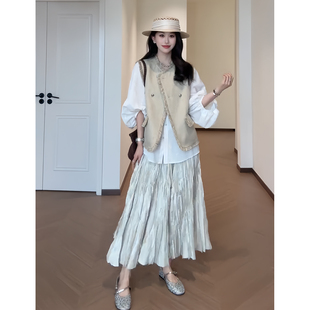 轻奢风马甲衬衫 休闲百搭气质一整套ootd穿搭 半身裙三件套女春季