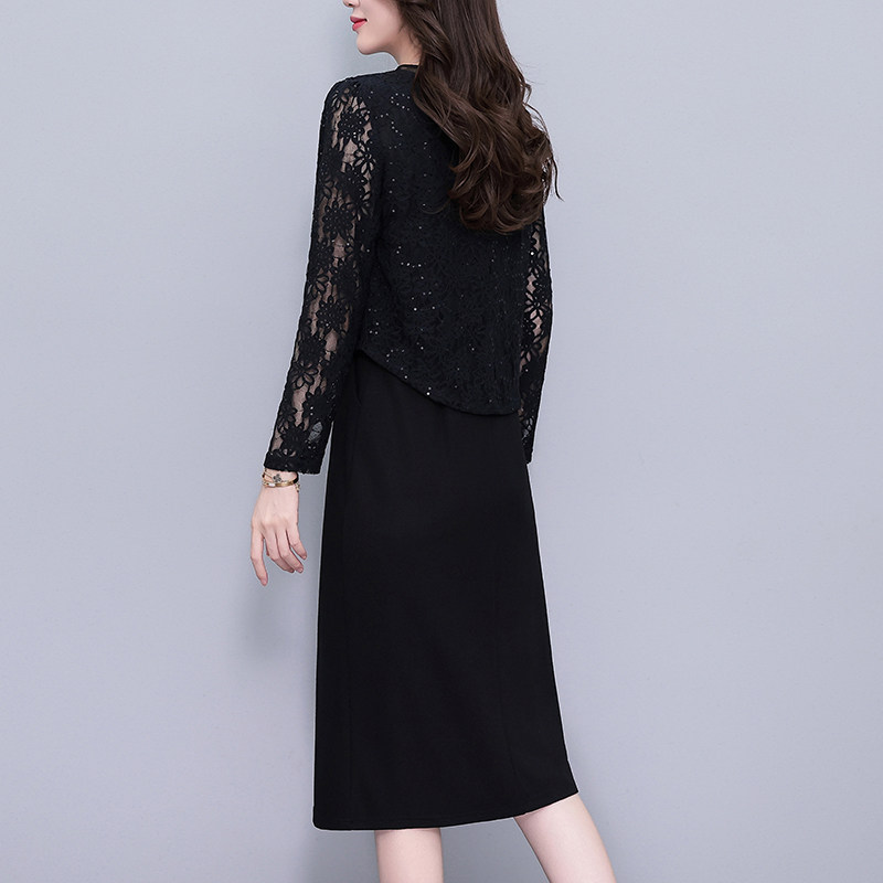 亮片蕾丝假两件套大码女装胖mm修身显瘦黑色长袖连衣裙春秋新款