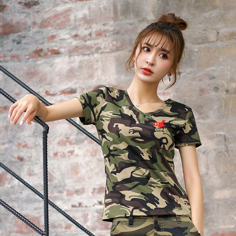 夏季迷彩短袖t恤弹力显瘦T恤上衣水兵舞服运动跑步服女装薄款圆领