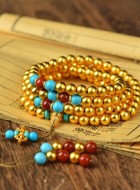 沙金108颗红蓝设计款佛珠古法素款国风礼品饰品编织长链高保色